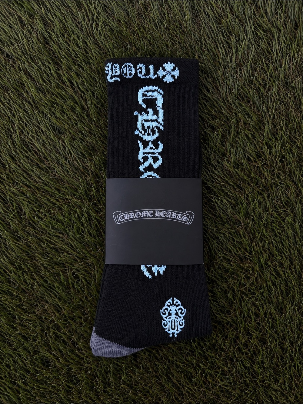Chrome Hearts Black Socks with Light Blue Gothic Logo